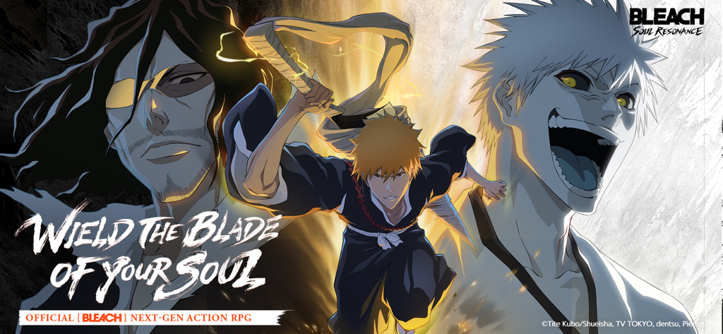 Ichigo Kurosaki with Zangetsu and Hollow Ichigo in a promotional banner for BLEACH Soul Resonance action RPG.