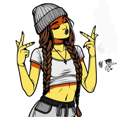 realistic teenage girl with braids and a beanie and crop top doing 🫶🏼