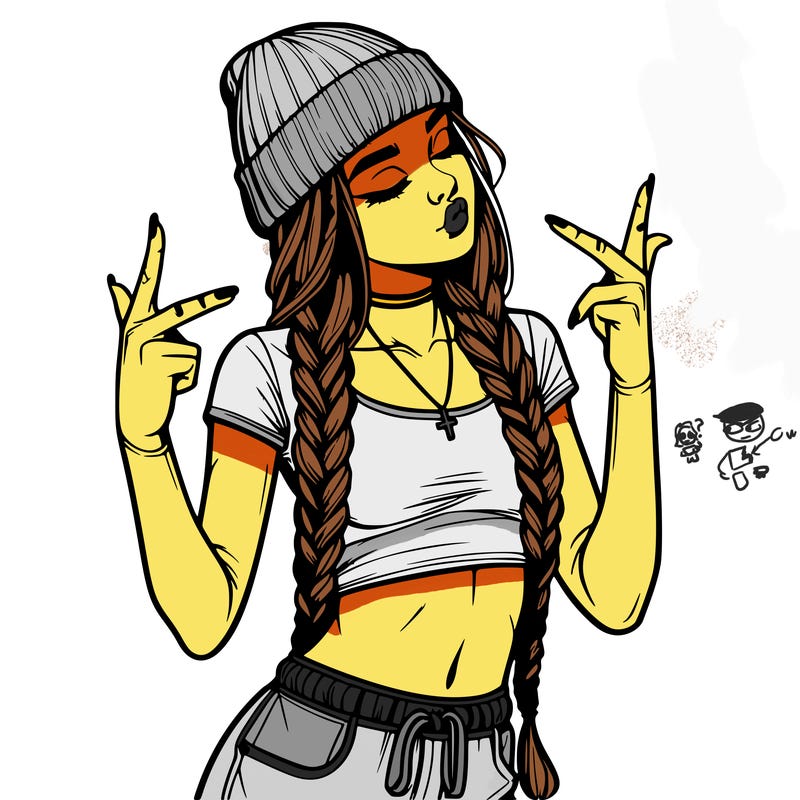 realistic teenage girl with braids and a beanie and crop top doing 🫶🏼