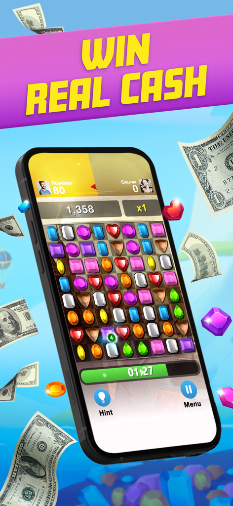 Diamond Strike - Match 3 Games - Diamond Strike match 3 gameplay on a smartphone with floating dollar bills and text saying Win Real Cash