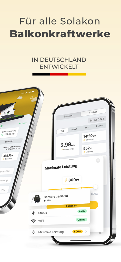 Solakon - The Solakon app interface showing solar energy generation stats and device settings on two smartphones.