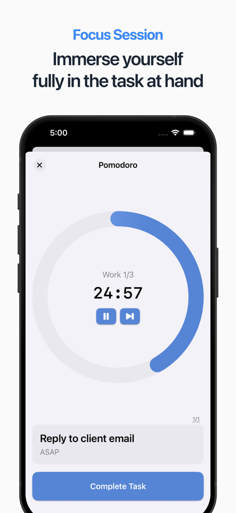CoreTaskフォーカスセッションのインターフェース。ポモドーロタイマーとクライアントメール返信タスクを表示。