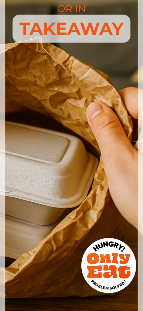 OnlyEat: Food Delivery - A brown paper bag with food containers highlighting the takeaway option of the OnlyEat app