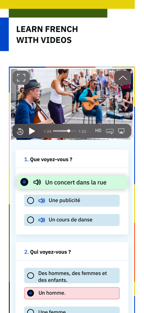 A French language learning interface featuring a video of street musicians and comprehension exercises.