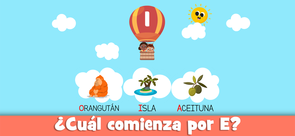 Pantalla de juego educativo en español para niños que identifica palabras que comienzan con vocales