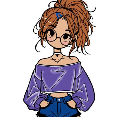 girl with a messy ponytail glasses a baggy crop top and jean shorts