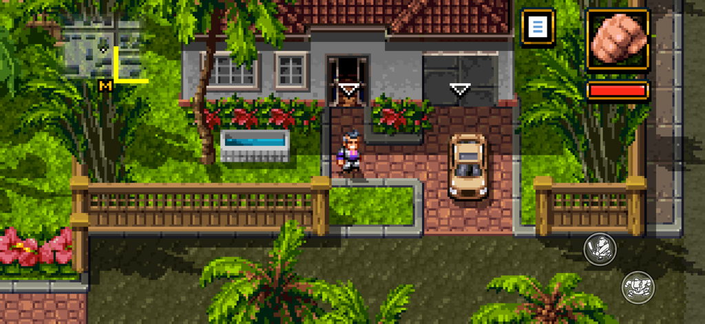 Shakedown: Hawaii - Uma visão de pixel art top-down de 16 bits de um personagem em pé do lado de fora de uma casa tropical em Shakedown Hawaii