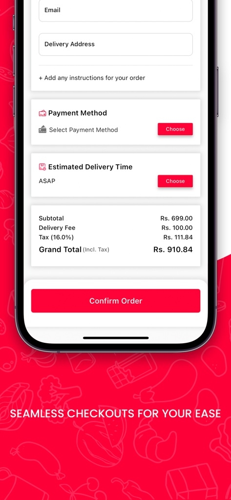 Howdy Pakistan - Pantalla de pago móvil de la app de Howdy Pakistan mostrando los detalles del pedido y el botón de confirmar