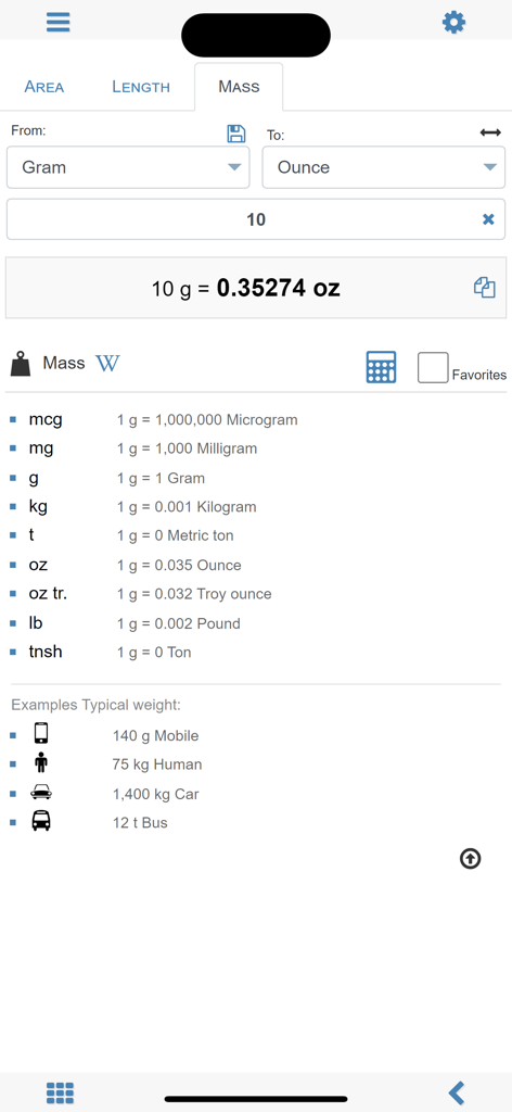 Unit converter MxUnit Pro - MxUnit Pro app interface showing the mass conversion screen from gram to ounce with a list of other mass units and typical weight examples