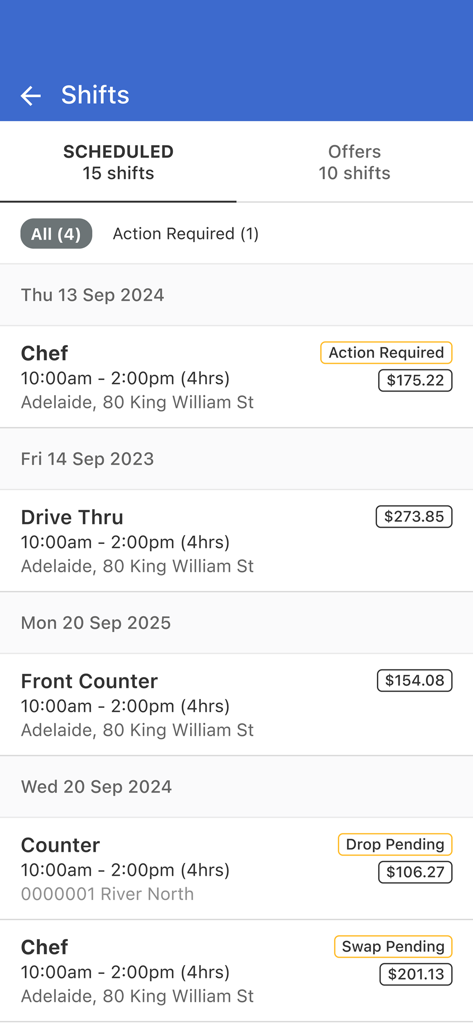 Mobile app screen showing scheduled work shifts with job titles and estimated earnings.