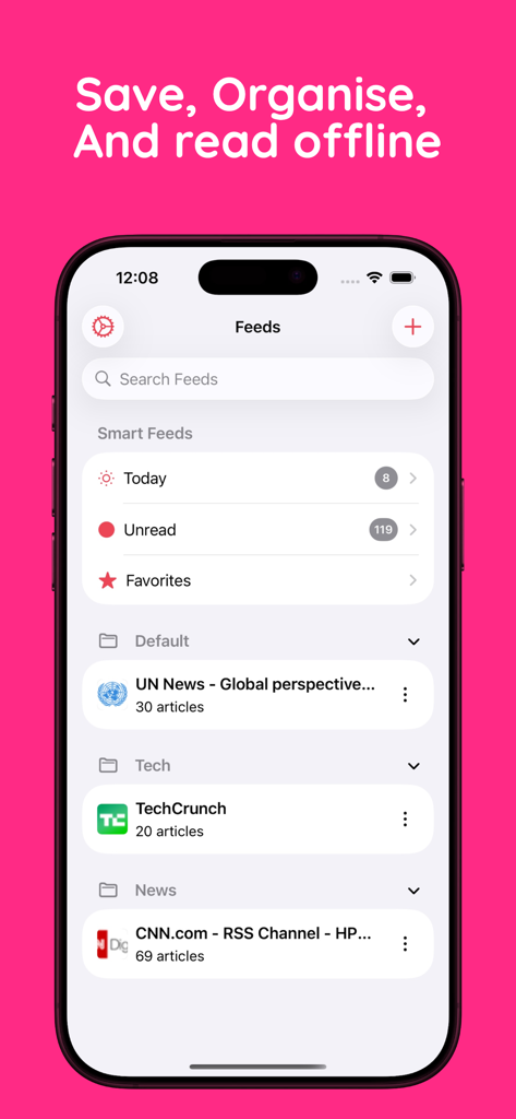 RSS Reader - Zers - Zersモバイルアプリ画面。未読およびお気に入りの記事用のスマートフォルダを備えた、カテゴリ別のRSSニュースフィードが表示されている。