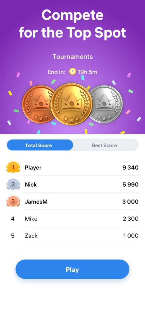 Tabla de clasificación del torneo de Blockudoku mostrando puntuaciones y clasificaciones de jugadores