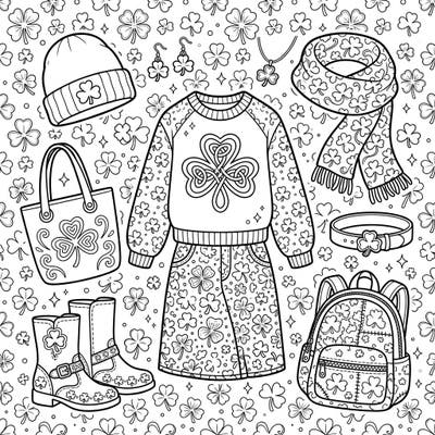 Dive into the festive spirit of St. Patrick's Day with this delightful coloring page featuring an array of shamrock-themed apparel and accessories. Unleash your creativity by coloring stylish outfits, handbags, and jewelry, all adorned with lucky clovers.