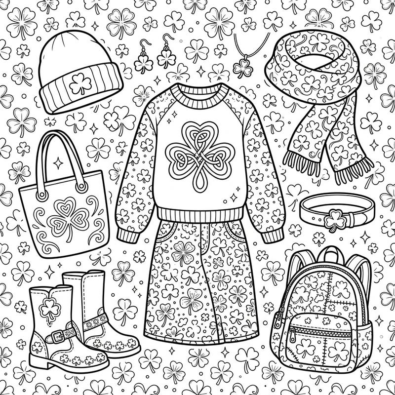 Dive into the festive spirit of St. Patrick's Day with this delightful coloring page featuring an array of shamrock-themed apparel and accessories. Unleash your creativity by coloring stylish outfits, handbags, and jewelry, all adorned with lucky clovers.