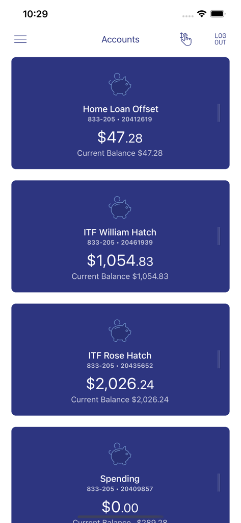 Dashboard-Ansicht der Defence Bank Mobile App mit mehreren Kontoständen, einschließlich Hypothekenausgleich und Sparkonten