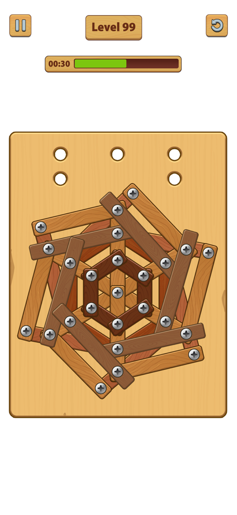 Captura de pantalla de jugabilidad del nivel 99 del puzzle de tornillos y tuercas de madera Nuts Bolts ASMR
