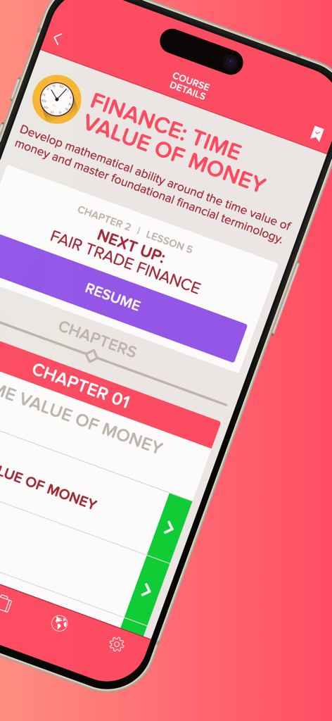 Quantic School of Business app screen showing finance course details for time value of money