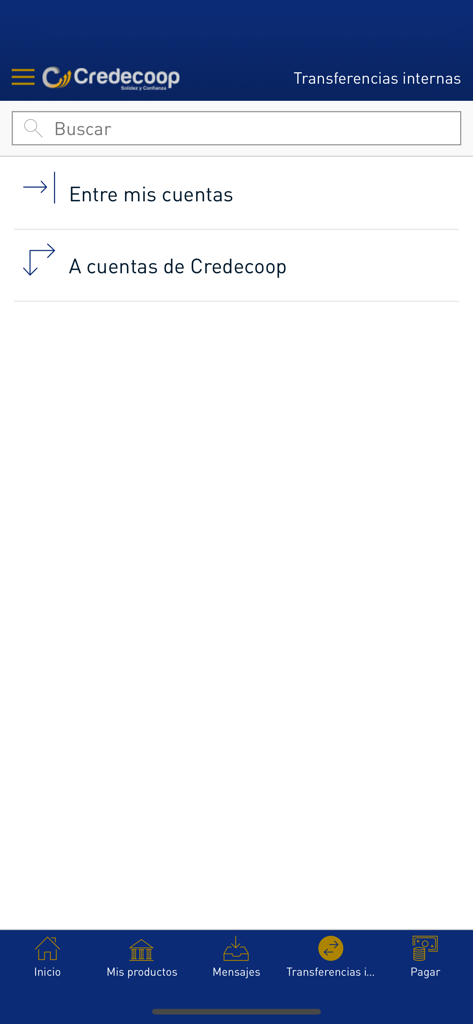 Credecoop en Línea - Pantalla del menú de transferencias internas de la aplicación Credecoop que muestra opciones para transferir entre cuentas