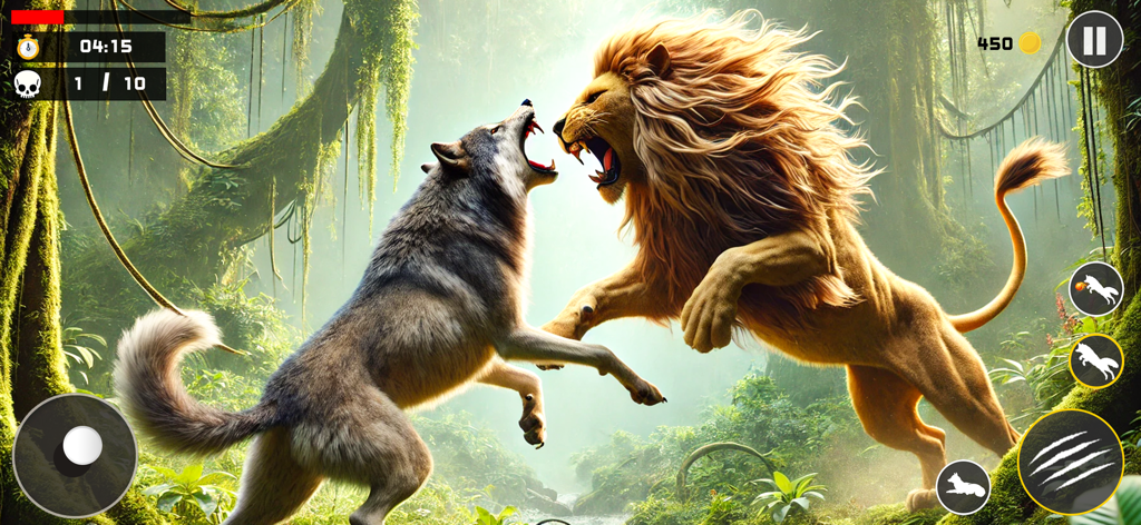 Wolf Game: Wild Hunting Sim - Un lobo alfa luchando contra un león en un juego de simulación de vida silvestre en la jungla.
