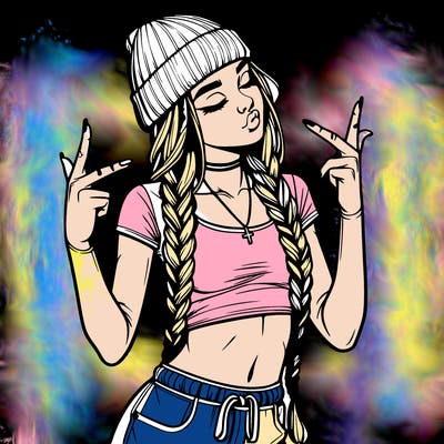 realistic teenage girl with braids and a beanie and crop top doing 🫶🏼