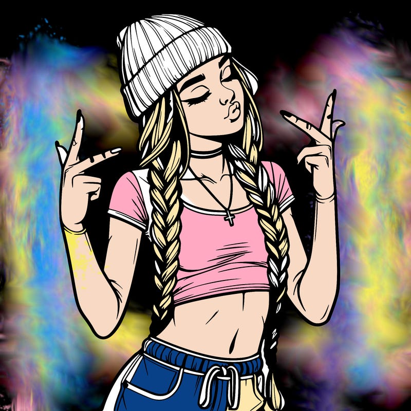 realistic teenage girl with braids and a beanie and crop top doing 🫶🏼