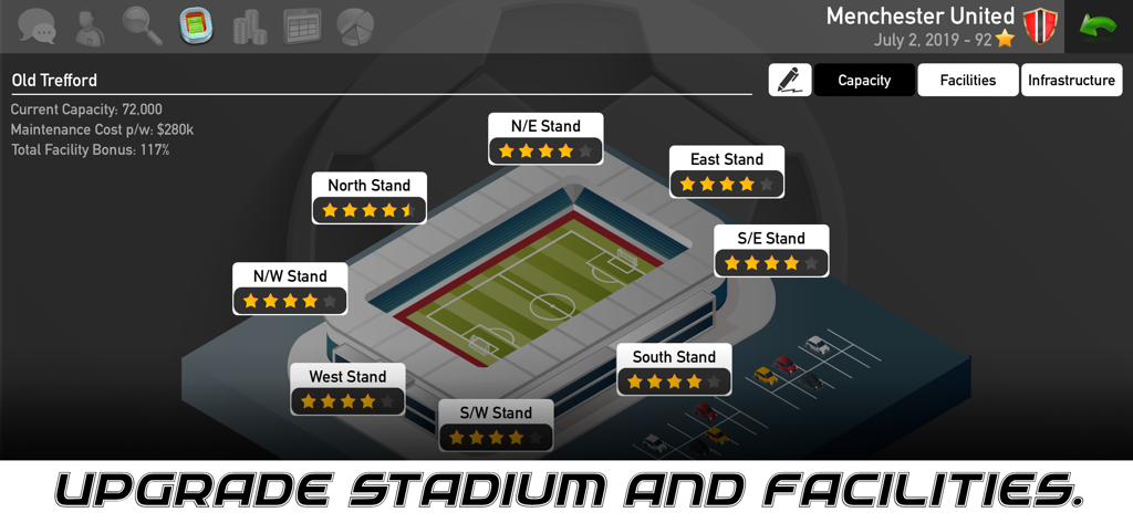 Football Owner 2 game screen showing stadium upgrade options and stand ratings