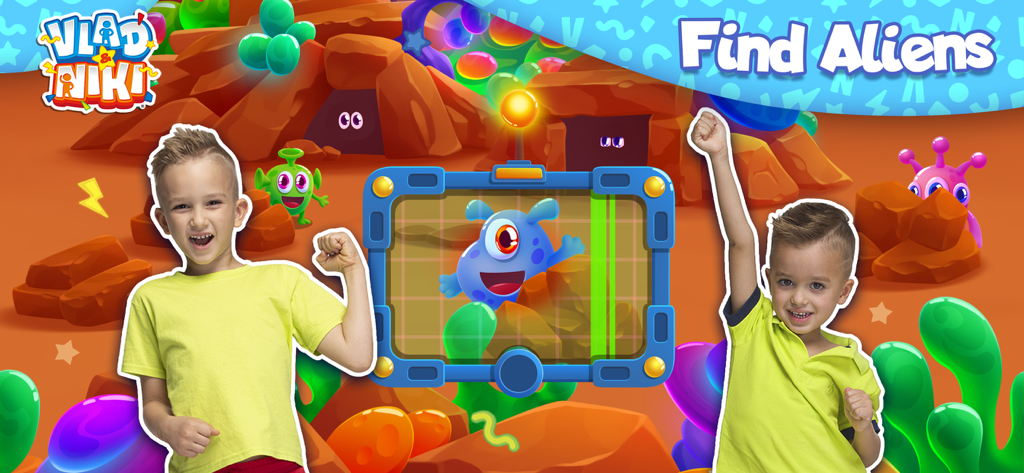 Vlad and Niki in a space themed mini game called Find Aliens