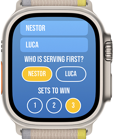 Pickleball Score Tracker App - Pickleball Score Tracker app on Apple Watch showing match setup with player names and sets to win selection