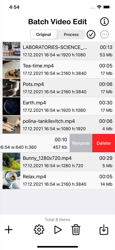Interface of the Batch Videos Edit app showing a list of imported videos with file details like resolution and size