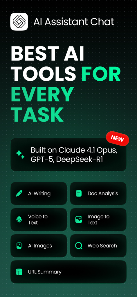 Tela do aplicativo AI Assistant Chat exibindo várias ferramentas como Escrita de IA, Análise de Documentos e Imagens de IA, potencializadas por Claude, GPT e DeepSeek.