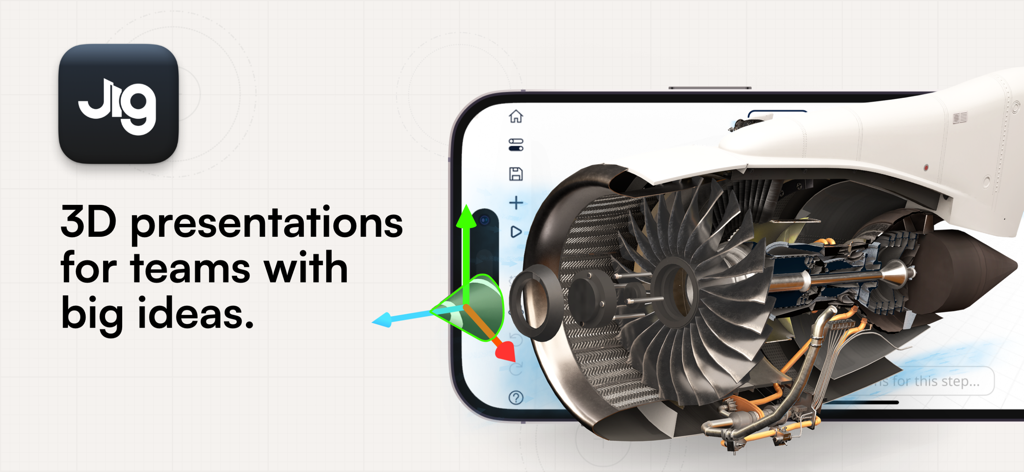JigSpace - A smartphone displaying an interactive 3D augmented reality jet engine model within the JigSpace app.