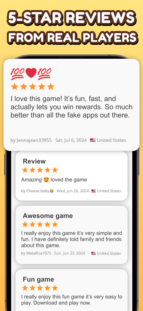 Screenshot of 5 star user reviews for the Coinnect app showing positive feedback from real players