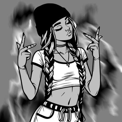 realistic teenage girl with braids and a beanie and crop top doing 🫶🏼