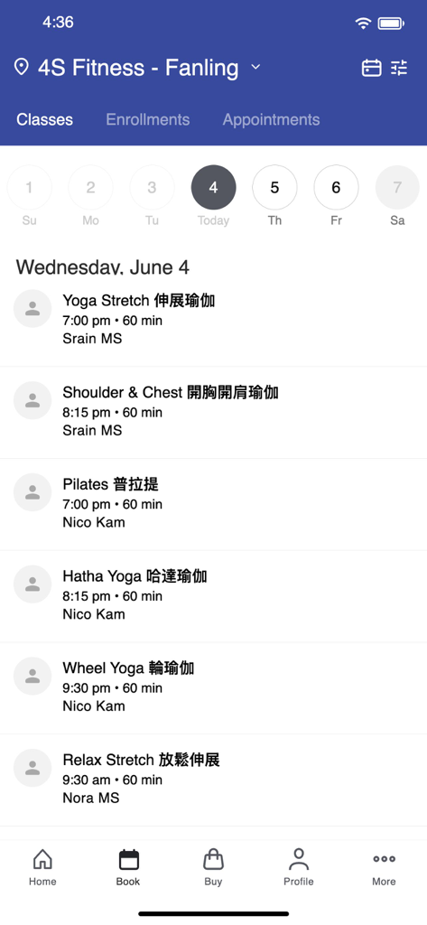 4S Fitness - 4S Fitness app interface showing a list of daily classes including Yoga and Pilates with times and instructors