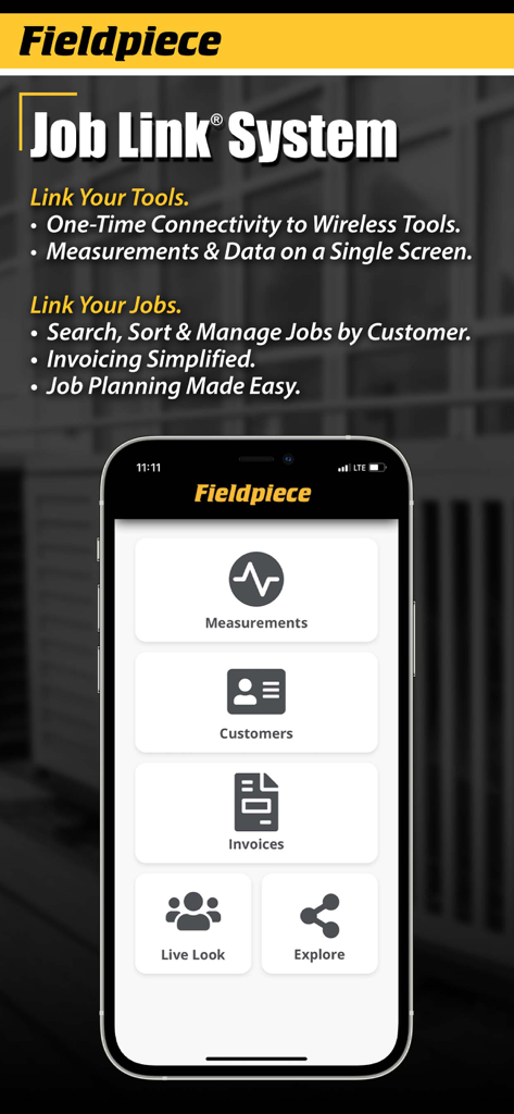 Main menu of the Fieldpiece Job Link app showing options for measurements customers and invoices