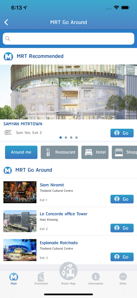 Bangkok MRT. - The Bangkok MRT app interface showing recommended landmarks, restaurants, and hotels near transit stations for travelers.