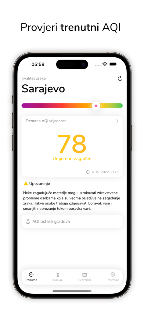 Zrak - Interface do aplicativo móvel Zrak mostrando o índice de qualidade do ar atual para Sarajevo