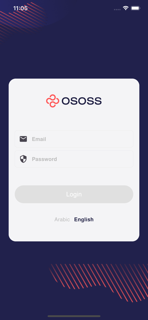 Anmeldebildschirm für die OSOSS POS-App mit Feldern für E-Mail und Passwort