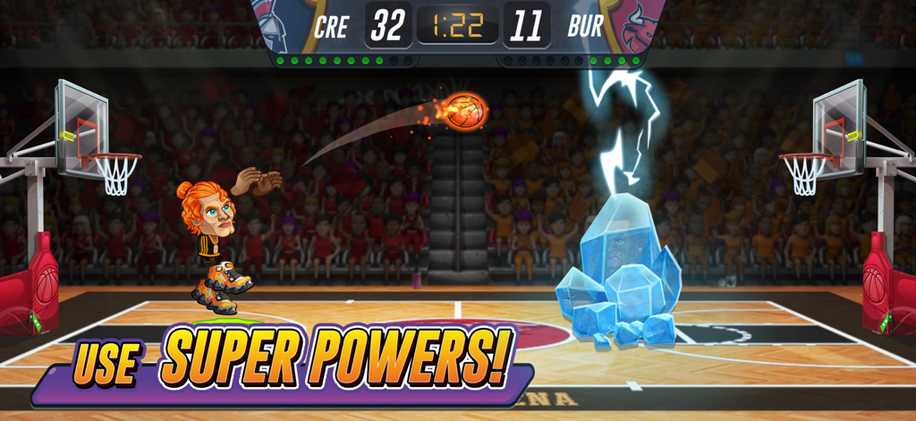 Basketball Arena - Sports Game - A basketball player shoots a flaming ball while using a superpower to freeze their opponent in an ice block on the court.