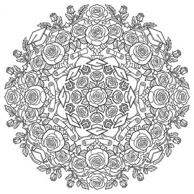 Mark a special academic achievement with this elegant Rose Mandala Graduation coloring page. It beautifully blends intricate rose patterns with classic graduation symbols for a meaningful and relaxing creative escape.
