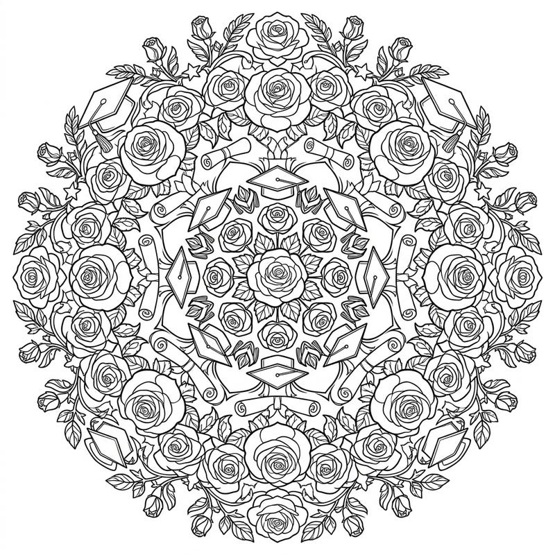 Mark a special academic achievement with this elegant Rose Mandala Graduation coloring page. It beautifully blends intricate rose patterns with classic graduation symbols for a meaningful and relaxing creative escape.