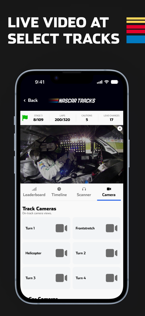 NASCAR Tracks - Smartphone screen showing the NASCAR Tracks app with a live in-car race video and various track camera selections