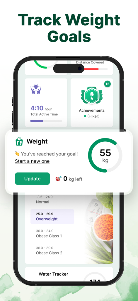 Step Counter and Pedometer App - A mobile app interface showing weight goal progress and health achievements for the health-conscious user.