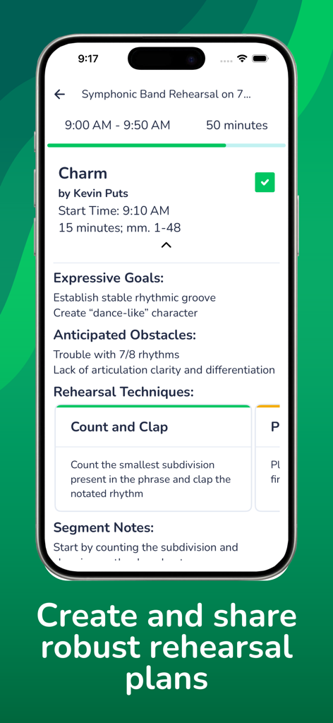 Interface of the Cue Rehearsal Techniques app showing a detailed music rehearsal plan with goals and techniques