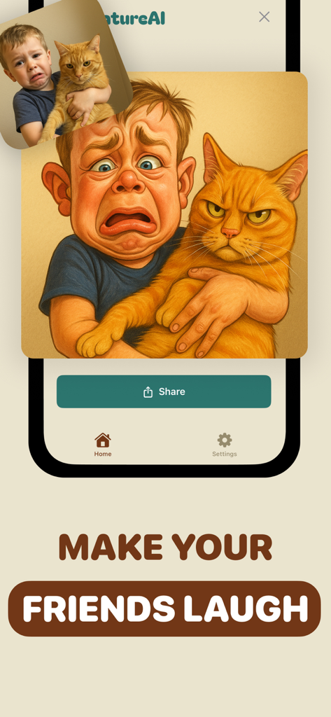 CaricatureAI: Caricature Maker - Una comparación entre una foto original y una caricatura divertida generada por IA de un niño sosteniendo un gato dentro de la interfaz de la aplicación.