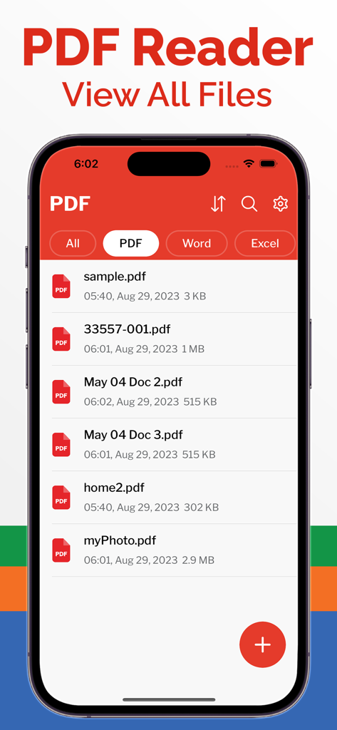 All Document Reader app showing a list of PDF files on an iPhone