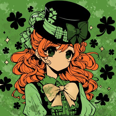 a manga-style girl with clovers around her, a little hat in her hair, like it's saint patrick's day
