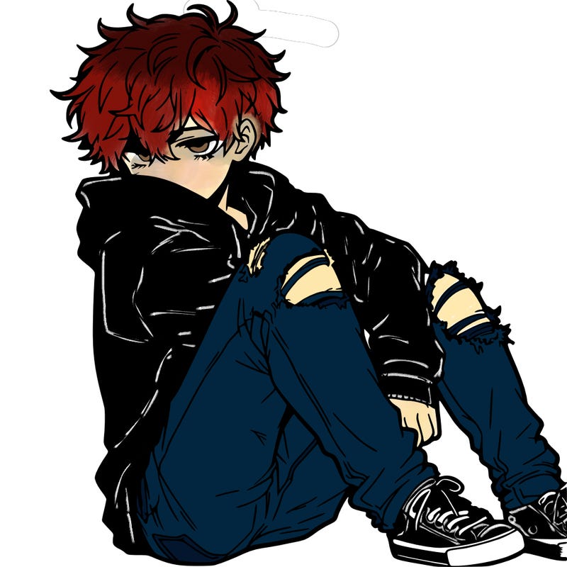 a male hoddie ripped jeans messy hair anime