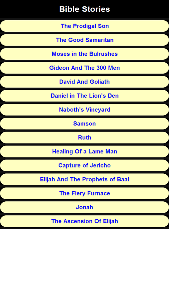 Pantalla del menú de la aplicación Últimas Historias de la Biblia que muestra una lista de cuentos bíblicos famosos como David y Goliat.