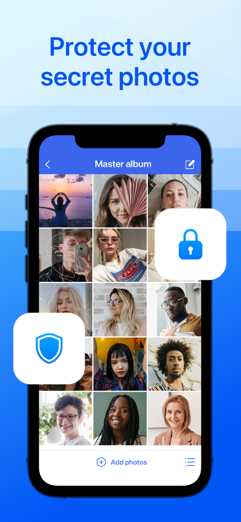 Photo Vault-Secret Calculator - Smartphone screen showing a photo album grid with shield and lock icons to protect private images